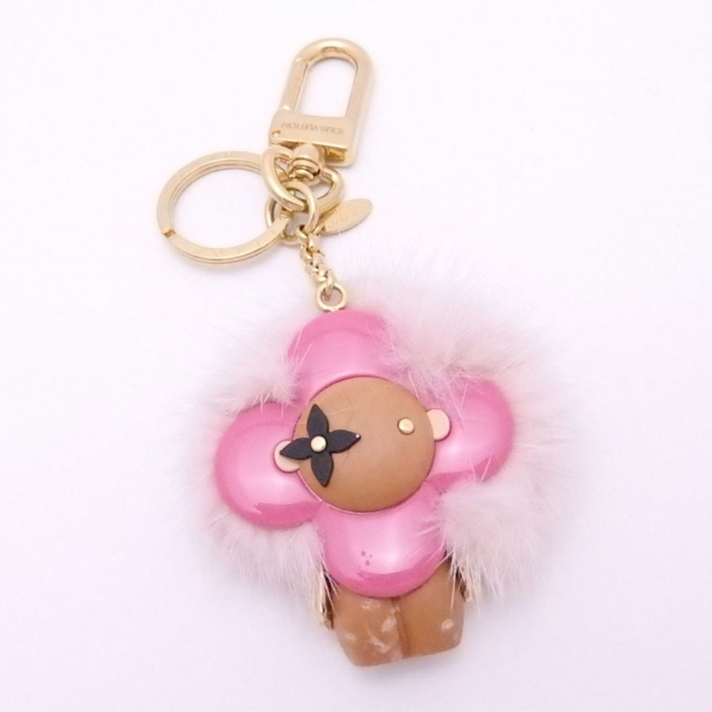 LOUIS VUITTON Bag Charm Keyring Portocre Vivienne Fur Brown x Pink Wood Gold Har - Picture 1 of 5